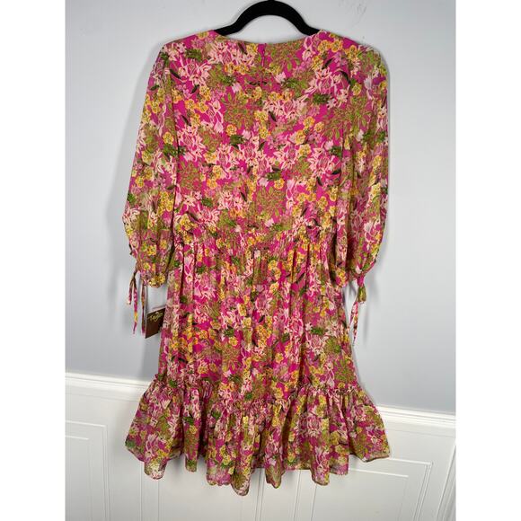 NWT, Taylor, Size 8, Pink Boho Floral Dress, Deep V, Sheer Sleeves, Ruffle - Picture 7 of 8
